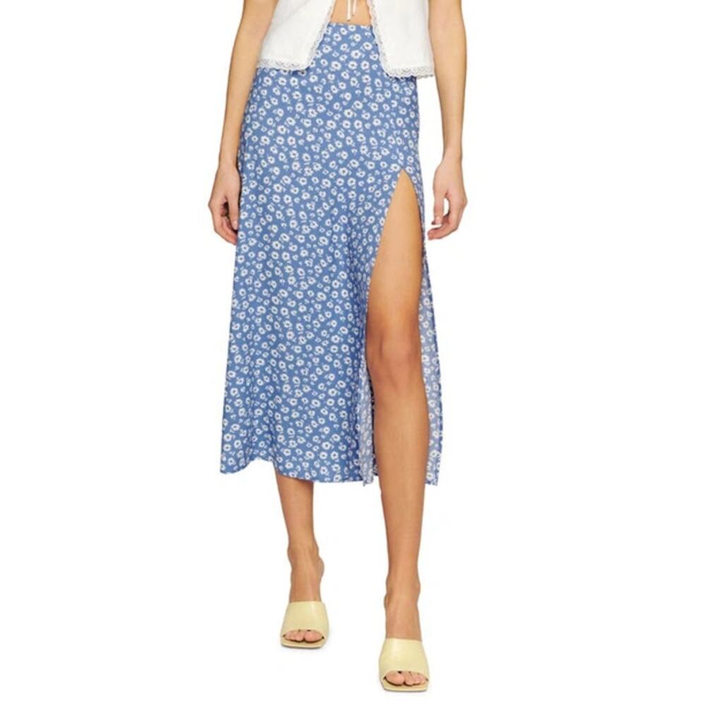 NWOT Reformation Zoe Side Slit Midi A-Line Skirt Romi Floral Blue White Size 6